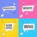 Benefits in bubble vector on bright yellow background. Announsement comic speech bubble