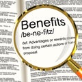 Benefits Definition Magnifier Showing Bonus Perks Or Rewards Royalty Free Stock Photo