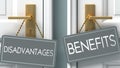 Benefits or disadvantages as a choice in life - pictured as words disadvantages, benefits on doors to show that disadvantages and