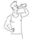 Benefits drinking water in coloring style. Healthy human body hydration, man with bottle drinks water. Healthcare drink