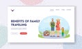 Benefits of Family Traveling Landing Page Template. Parents with Kid Travel, Mother, Father and Child with Luggage