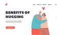 Benefits of Hugging Landing Page Template. Loving Couple Man and Woman Hug, Embracing. Happy Relationship, Dating, Love Royalty Free Stock Photo