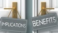 Benefits or implications as a choice in life - pictured as words implications, benefits on doors to show that implications and