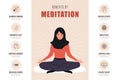 Benefits of meditation infographic. Arabian female character practicing yoga, mental and body wellness. Spiritual and