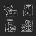 Benefits and refunds chalk white icons set on black background