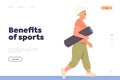 Benefits of sport landing page with cartoon elderly woman holding training accessory walking to gym