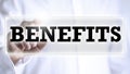 Benefits in text on a virtual screen Royalty Free Stock Photo