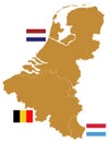 Benelux map and flags - three states in western Europe: Belgium, the Netherlands, and Luxembourg Royalty Free Stock Photo