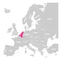 Benelux states Belgium, Netherlands and Luxembourg pink highlighted in the political map of Europe. Vector illustration Royalty Free Stock Photo