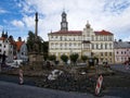 Benesov nad Ploucnici, Czech republic - September 29, 2019: column and houses on Namesti Miru square Royalty Free Stock Photo