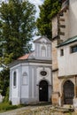 Benesov nad Ploucnici, North Bohemia, Czech Republic, 26 June 2021:  old gothic church of the Nativity of the Virgin Mary with Royalty Free Stock Photo