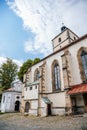 Benesov nad Ploucnici, North Bohemia, Czech Republic, 26 June 2021:  old gothic church of the Nativity of the Virgin Mary with Royalty Free Stock Photo