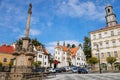 Benesov nad Ploucnici, North Bohemia, Czech Republic, 2 October 2021: Marian Column with baroque statues at main town square, old Royalty Free Stock Photo