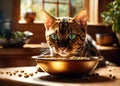 Bengal breed cat eats pieces of raw meat from a bowl. Pets