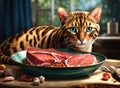 Bengal breed cat eats pieces of raw meat from a bowl. Pets