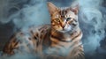 The Bengal cat in a cloud of light blue smoke, its wild allure and strikingly beautiful coat pattern