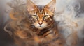 The Bengal cat in a cloud of white smoke, its wild allure and strikingly beautiful coat pattern
