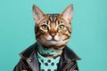 Bengal Cat Dressed As A Cowboy On Mint Color Background Royalty Free Stock Photo