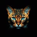 Bengal Cat Face Shape In Fire On Black Background. Generative AI Royalty Free Stock Photo