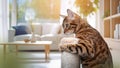 Bengal cat plays with a scratching post in the living room Royalty Free Stock Photo