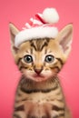 Bengal cat with Santa Claus hat in front of pink background Royalty Free Stock Photo