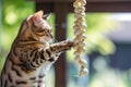 bengal cat swatting at a hanging garlic braid
