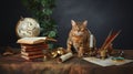 Bengal cat, vintage items, books and manuscripts on the table on a dark background. Space for your text. Concept of the Harry