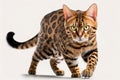 Bengal cat on a white isolated background walking forward. The pet is looking straight at the camera. Royalty Free Stock Photo