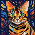 Colorful Optical Art Painting Of Bengal Cat In Picasso Style