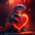 Bengal Monitor Lizard hugging heart Iguana in love with a red heart on a dark background AI generated animal ai