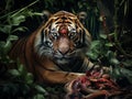 Bengal tiger eating their fresh meat