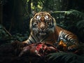 Bengal tiger eating their fresh meat