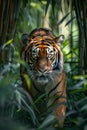 Bengal tiger in lush bamboo forest vibrant colors and detailed realism captured in low angle shot