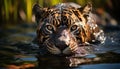 Bengal tiger, majestic and cute, staring in tranquil rainforest generated by AI