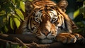 Bengal tiger, majestic and fierce, hides in tranquil grass generated by AI Royalty Free Stock Photo