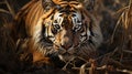 Bengal tiger prowling through tall grass, striped coat, majestic and powerful1