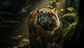 Bengal tiger staring fiercely, walking through lush tropical rainforest generated by AI Royalty Free Stock Photo