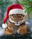 Bengal tiger wearing a Santa Claus hat
