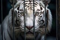 Bengal White tiger locked in cage. Lonely tiger in cramped jail behind bars with sad look. Concept of keeping animals in