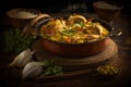 Bengali Chicken Biryani: Mildly spiced, succulent chicken with fragrant basmati rice and aromatic spices chutney and papadum for a