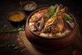 Bengali Chicken Biryani: Mildly spiced, succulent chicken with fragrant basmati rice and aromatic spices chutney and papadum for a