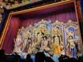 Bengali Durga Puja pandal with idols of hindu gods and goddess Durga during festival of Navratri at Bengal. Royalty Free Stock Photo