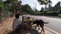 Bengaluru, Karnataka / India - November 27 2019: A dog and a street side vendor sitting on the platform inside Cubbon park selling