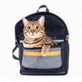 Bengel Cat Peeking Out of Gray Canvas Backpack on White Background Indoors Royalty Free Stock Photo