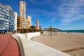 Benidorm, Alicante, Spain - November 27, 2019: people walk along the fantastic modern promenade of Poniente with views of