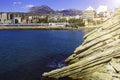 Benidorm balcony - view of Poniente beach, port, skyscrapers and mountains, Spain Royalty Free Stock Photo