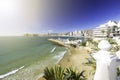 Benidorm balcony - view of Poniente beach, port, skyscrapers and mountains, Spain Royalty Free Stock Photo