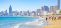 Benidorm city skyline and beach Platja de Ponent, Spain