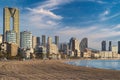 Benidorm skyline and sandy beach view. Spain