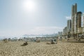 Benidorm, Spain - April 01, 2023: Local people and tourist enjoy sunny day in Benidorm resort, Levante beach. Benidorm -